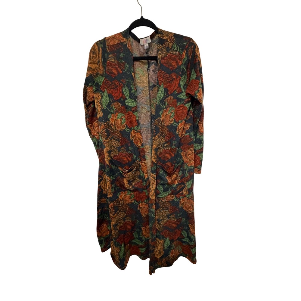 LuLaRoe Sarah Long Cardigan Duster Floral Rust Orange Green Large Pockets Womens